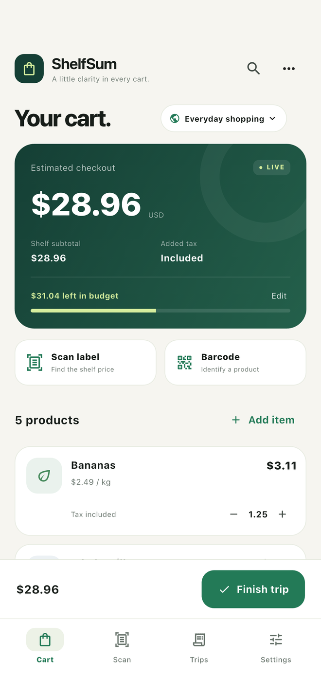 ShelfSum sample cart showing an estimated total and budget